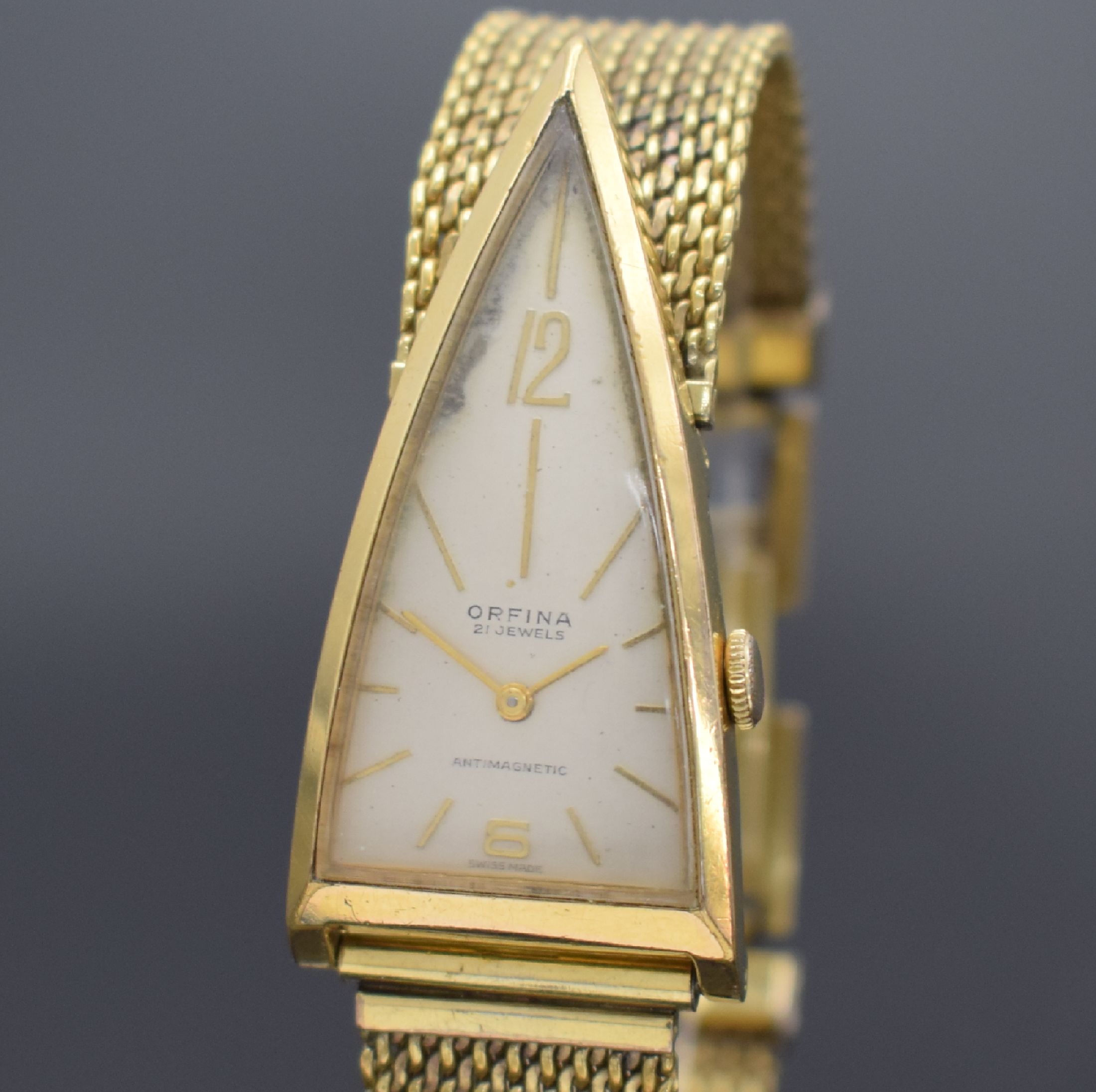Detail a: ORFINA vergoldete Armbanduhr, Schweiz 1950er Jahre, Handaufzug, Stahlboden gedr., neutr. Double-Band, silb. Zifferbl. fl., gold. Ind. & arab. Zahlen, ...
