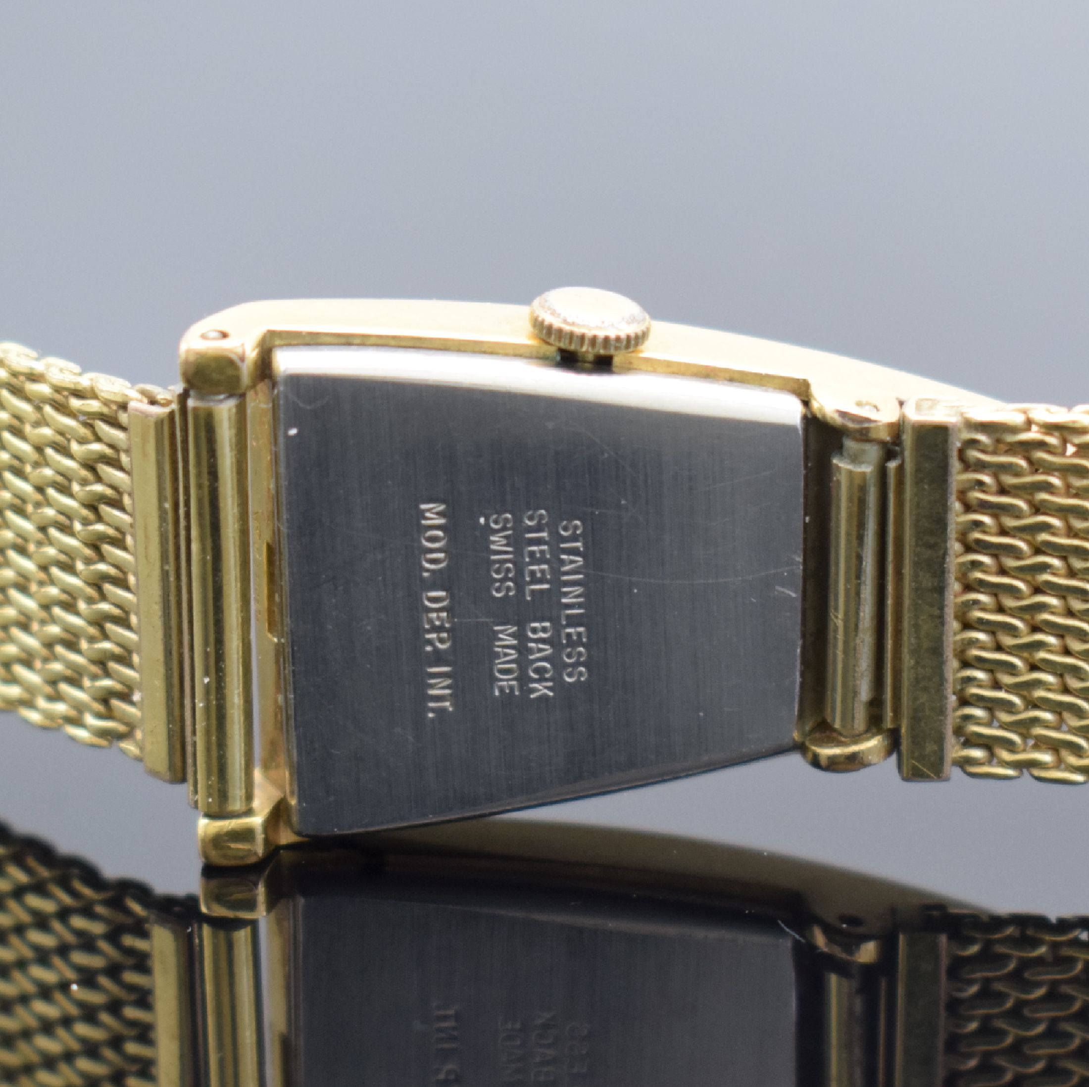 Detail c: ORFINA vergoldete Armbanduhr, Schweiz 1950er Jahre, Handaufzug, Stahlboden gedr., neutr. Double-Band, silb. Zifferbl. fl., gold. Ind. & arab. Zahlen, ...