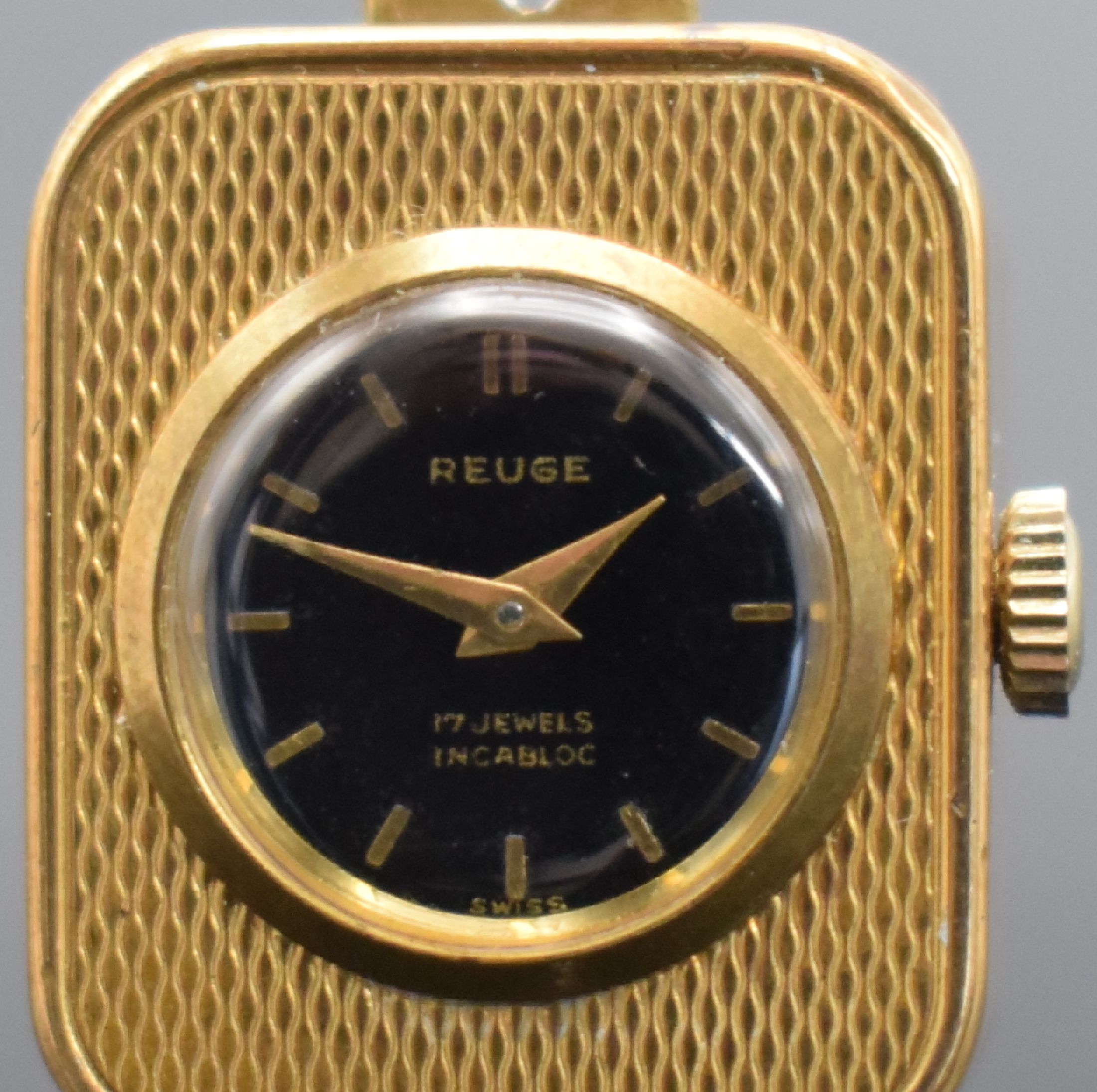 Detail a: REUGE Miniatur Anhängeuhr mit Spielwerk, Schweiz um 1960, Handaufzug, verg. Geh., guill. Vorder- & Rückseite, vorderseitig einges. Uhr, schwarzes ...
