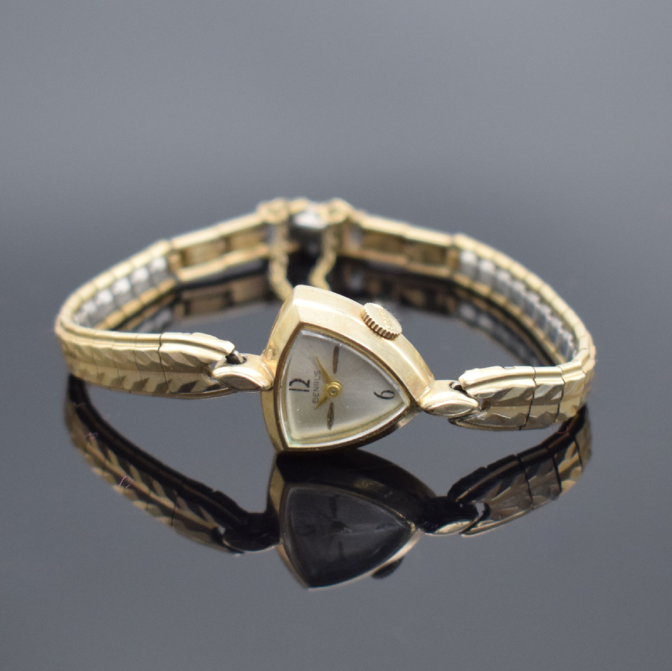 BENRUS 10k gold filled Damenarmbanduhr, Frankreich/USA um 1960, Handaufzug, Boden aufgedr., Band bez. Kreisler, silb. Zifferbl. m. gold. Zeigern, ...