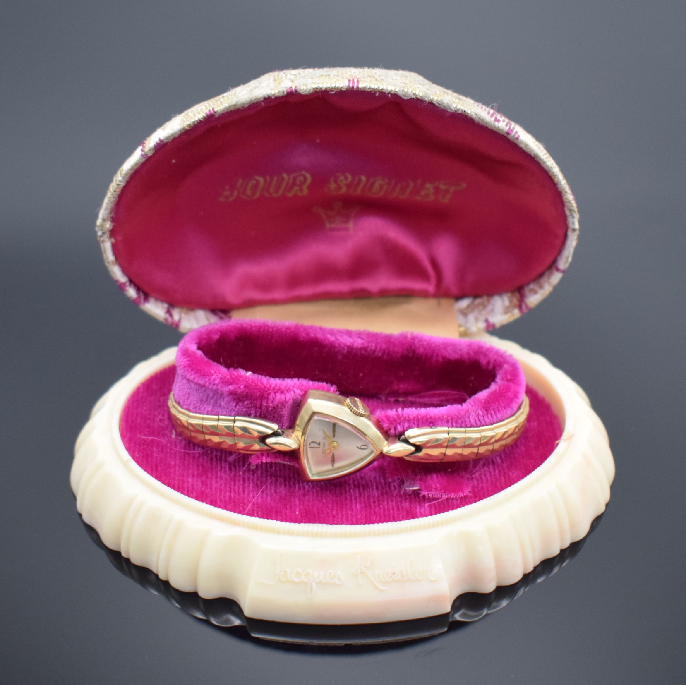 Detail e: BENRUS 10k gold filled Damenarmbanduhr, Frankreich/USA um 1960, Handaufzug, Boden aufgedr., Band bez. Kreisler, silb. Zifferbl. m. gold. Zeigern, ...