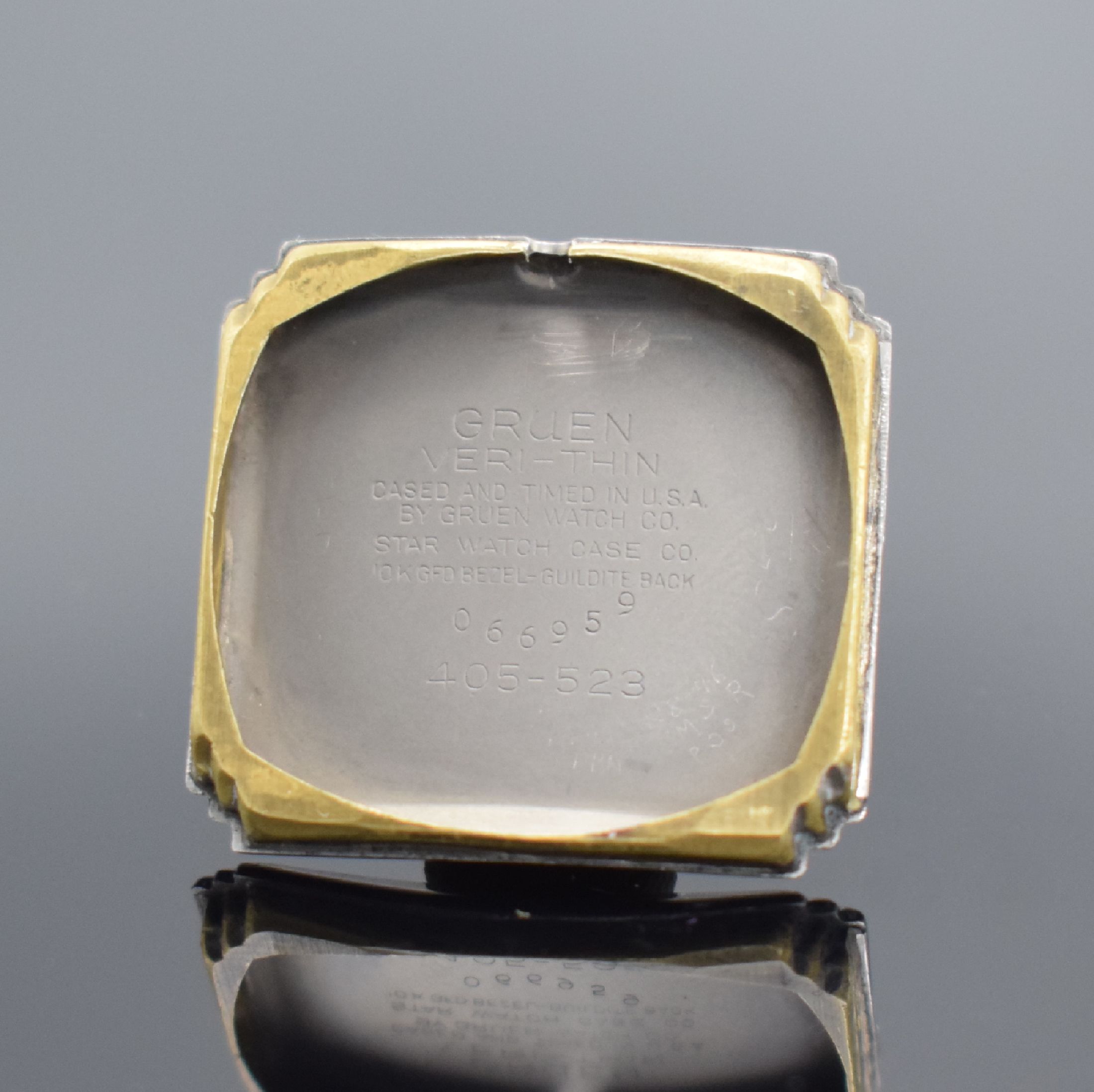 Detail e: GRUEN Veri-Thin Precision Armbanduhr, Schweiz/USA 1940er Jahre, Handaufzug, 10k Gold-filled Lünette dell., aufgedr. Boden, silb. Duoton-Zifferbl. ...