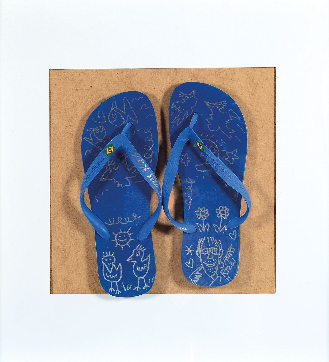 James Rizzi,1950-2011, Unikat, bemalte FlipFlops, handbemalt mit Fischen und Vögeln, handsigniert, im Künstlerrahmen, L. ca. 26 cm, entstand im ...