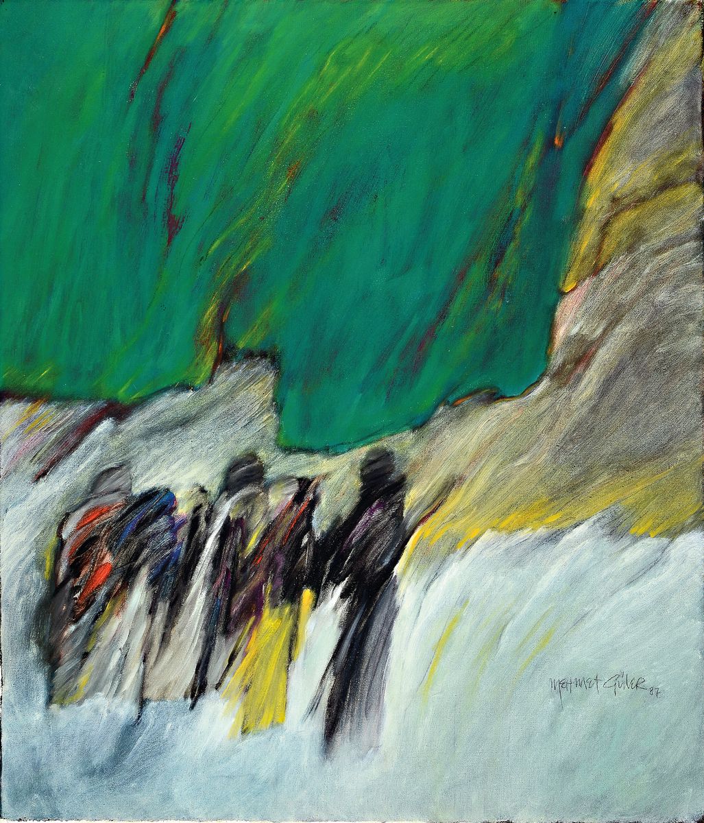 Mehmet Güler, geb. 1944, Landschaft mit Personen, Acryl/Lwd, signiert, dat. 87, ca. 70 x 60 cm