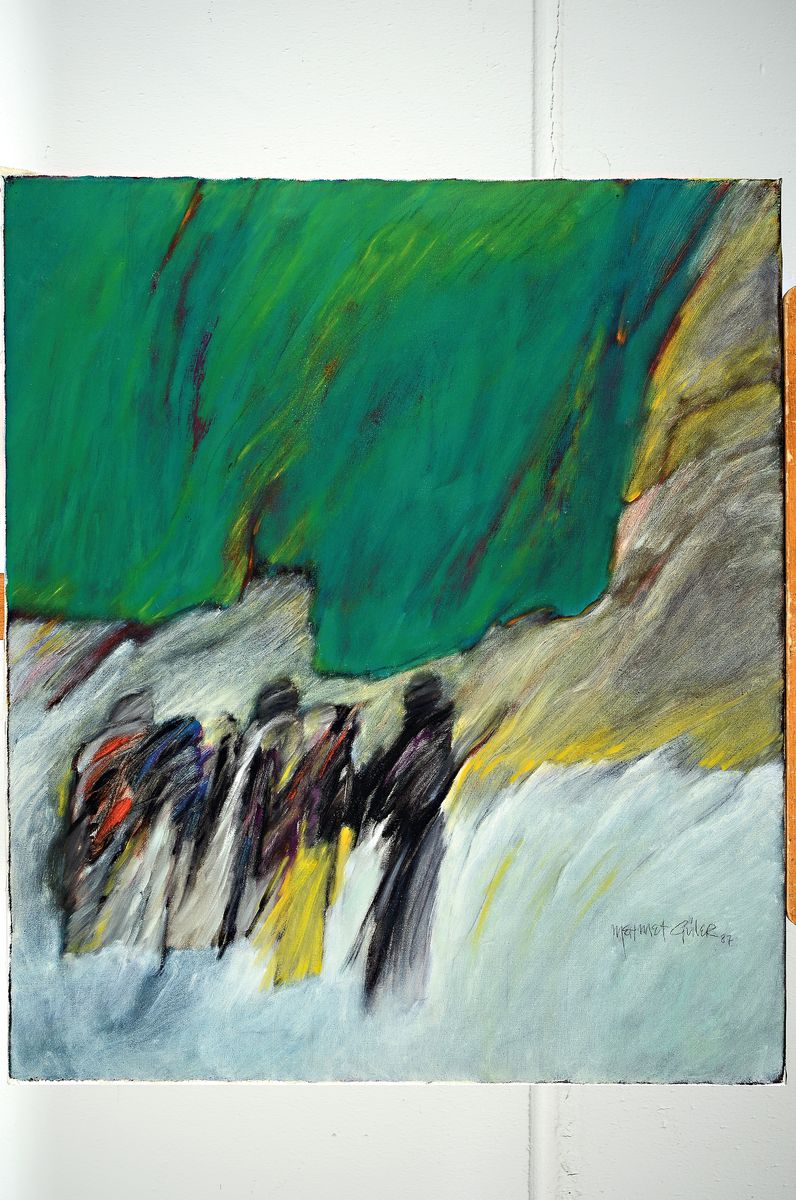 Detail k: Mehmet Güler, geb. 1944, Landschaft mit Personen, Acryl/Lwd, signiert, dat. 87, ca. 70 x 60 cm