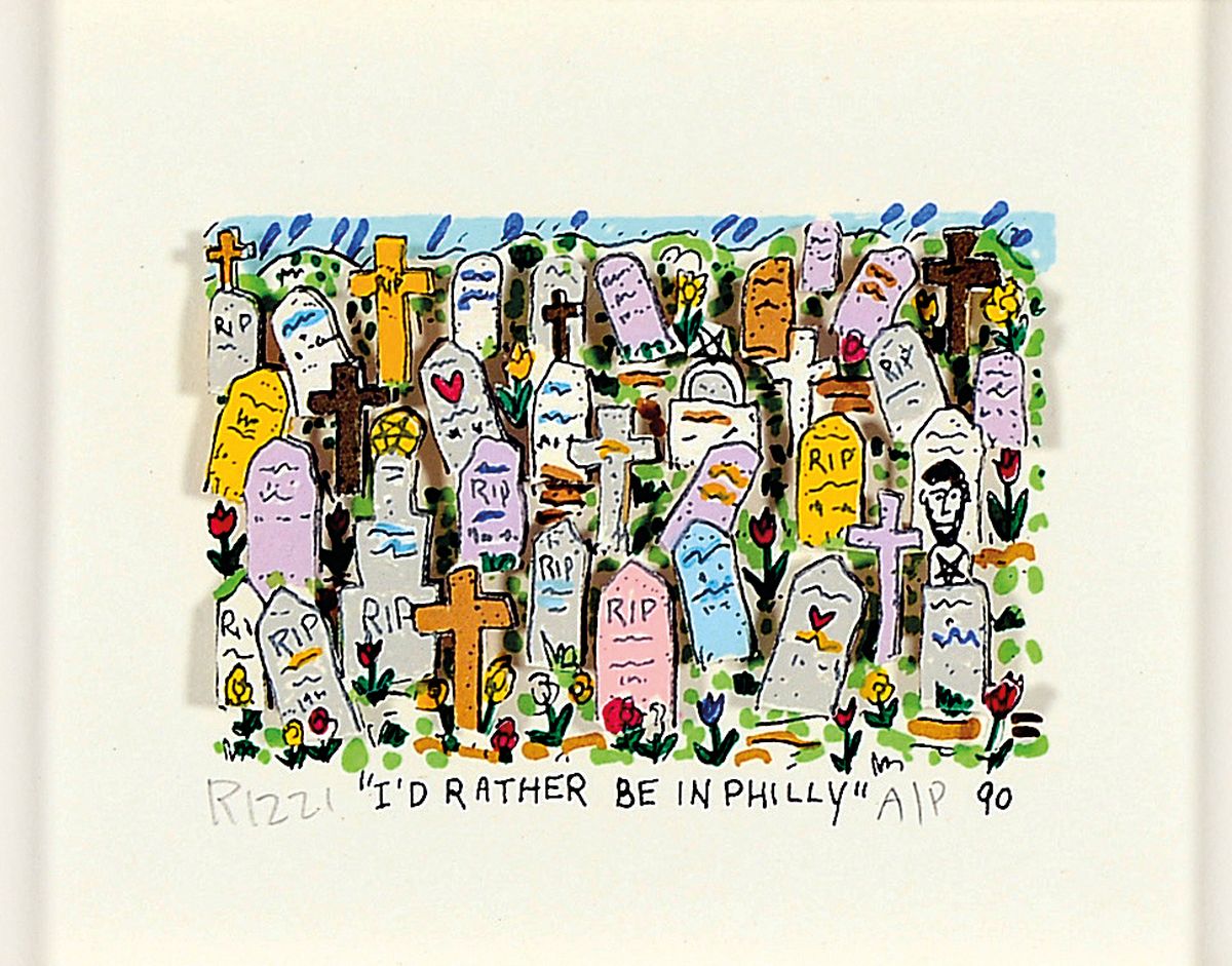 James Rizzi, 1950-2011, 3D-Litho, "I'D Rather Be In Philly", handsigniert, bez. A/P, von 1990, 5 x 8 cm, Gesamtrahmen: 33.5 x 39 cm
