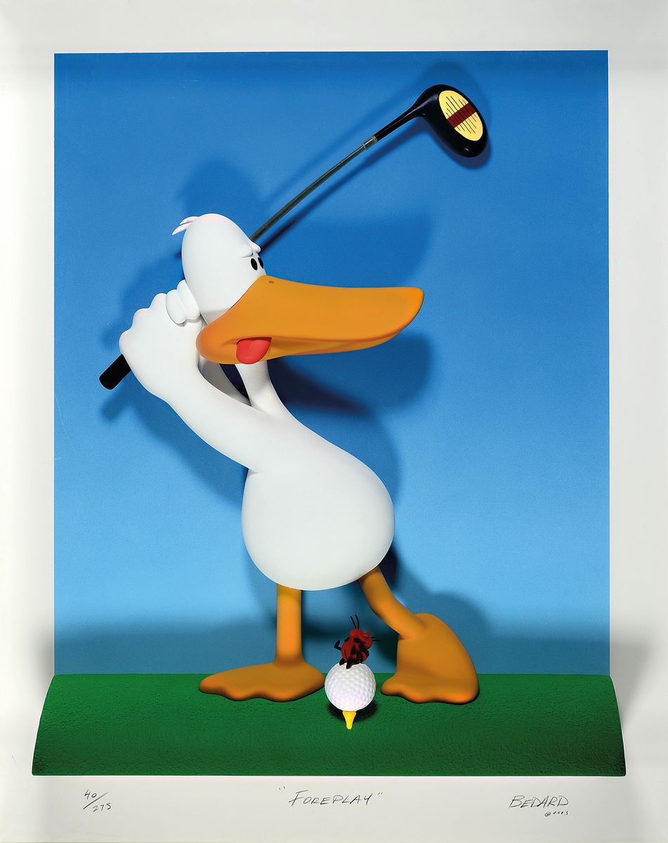 Michael Bedard, geb. 1949, Skulptur golfspielende Ente, auf dem Golfball sitzt ein Käfer-Liebespaar, "Foreplay", 40/275, handsigniert, im ...