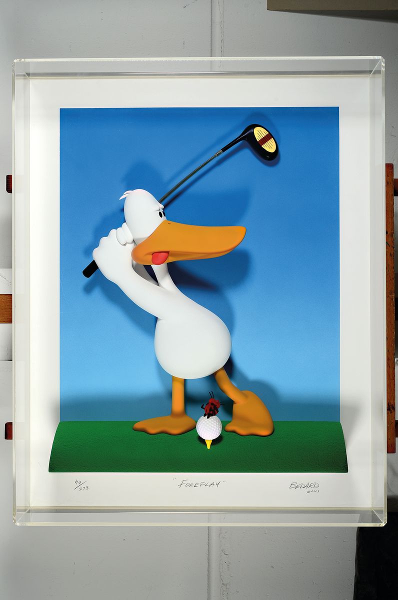 Detail k: Michael Bedard, geb. 1949, Skulptur golfspielende Ente, auf dem Golfball sitzt ein Käfer-Liebespaar, "Foreplay", 40/275, handsigniert, im ...