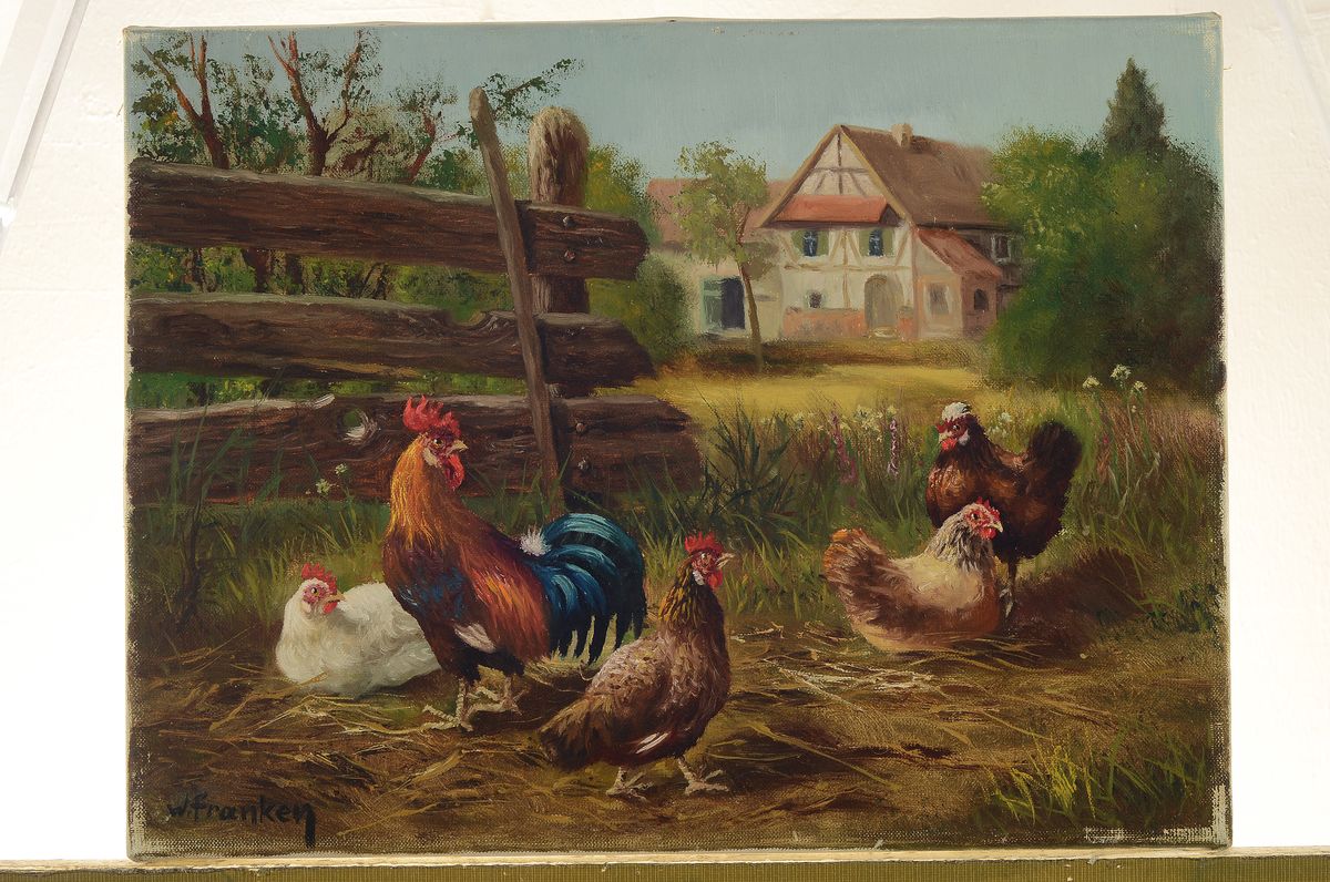 Detail k: Willy Franken, 1911-1984, deutscher Tiermaler, Studium an der Akademie Hamburg, hier: Hühnerhof, links unten signiert, Öl/Lwd,ohne Rahmen, 30x40 ...