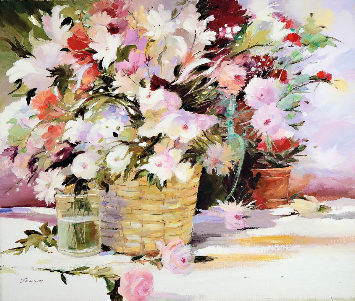 Andrea Thoma, geb. 1961, reiches Blumenstillleben, Öl/Lwd, links unten signiert, 60x70 cm