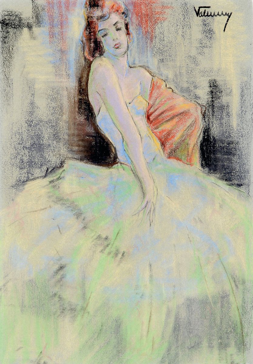 Hugo Wallenius, 1892 Hamburg - 1948 Wattenscheid, Pastell, Frauenbildnis, junge Frau mit wallendem Kleid, rechts oben signiert, unter PP u. Glas ...