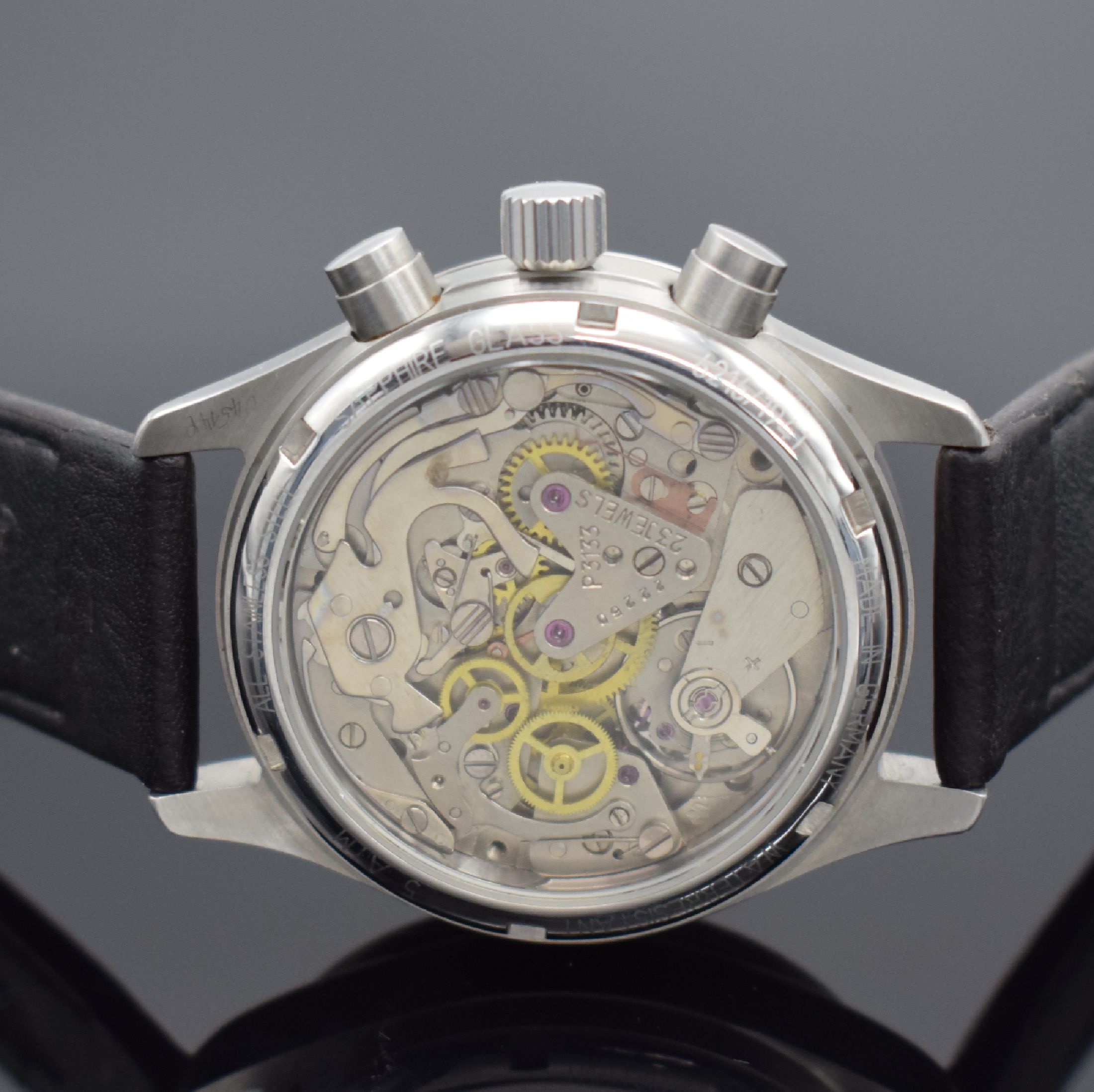Detail c: JUNKERS Herrenarmbanduhr mit Chronograph, Deutschland um 2005, Handaufzug, beidseitig vergl. Edelstahlgeh., Boden geschr., silbernes Zifferbl. in ...