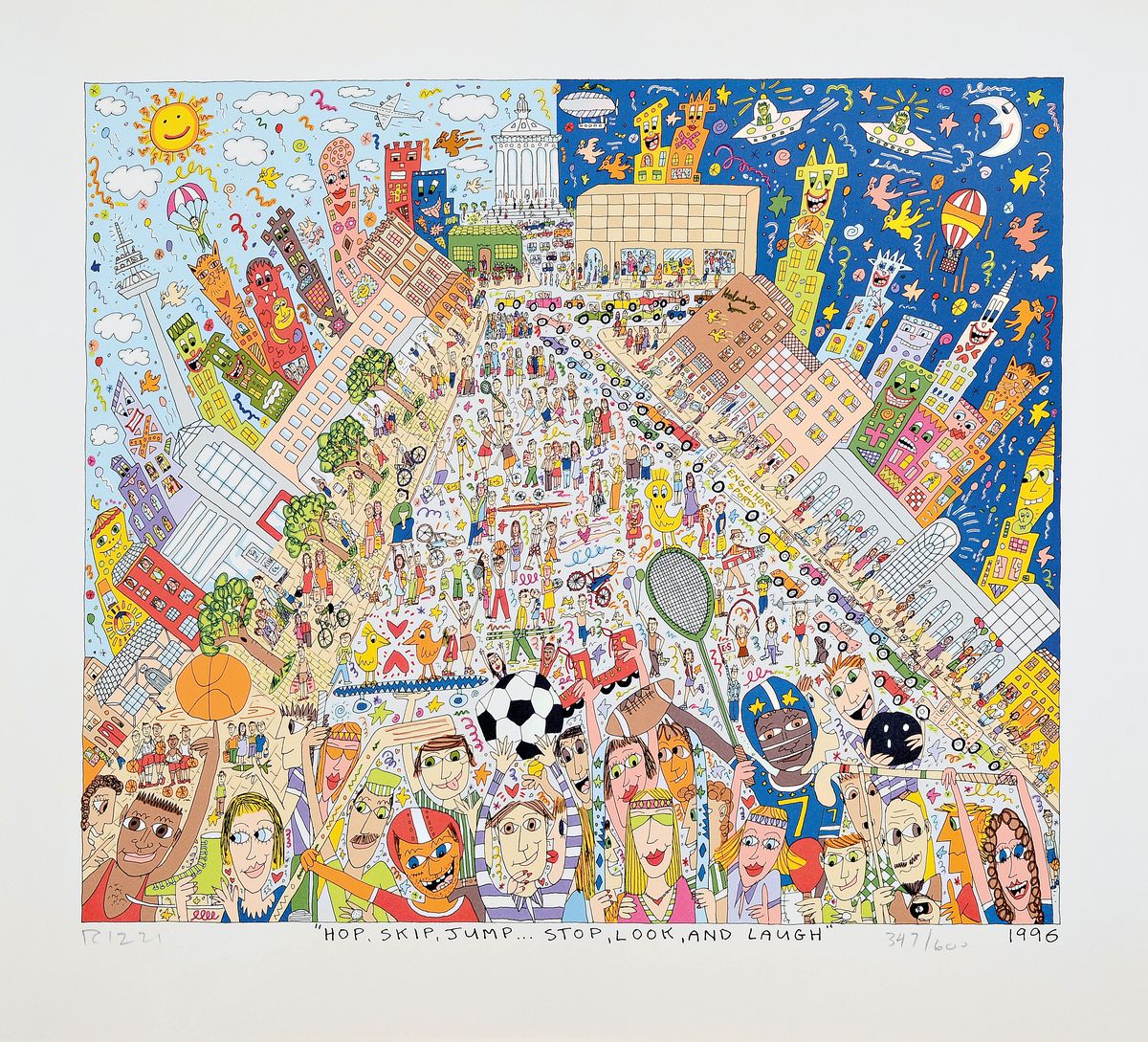 James Rizzi, 1950 - 2011, "Hop, Skip, Jump...Stop, Look, and Laugh", num. 347/600, Litho von 1996, handsigniert, ca. 43 x 47 cm