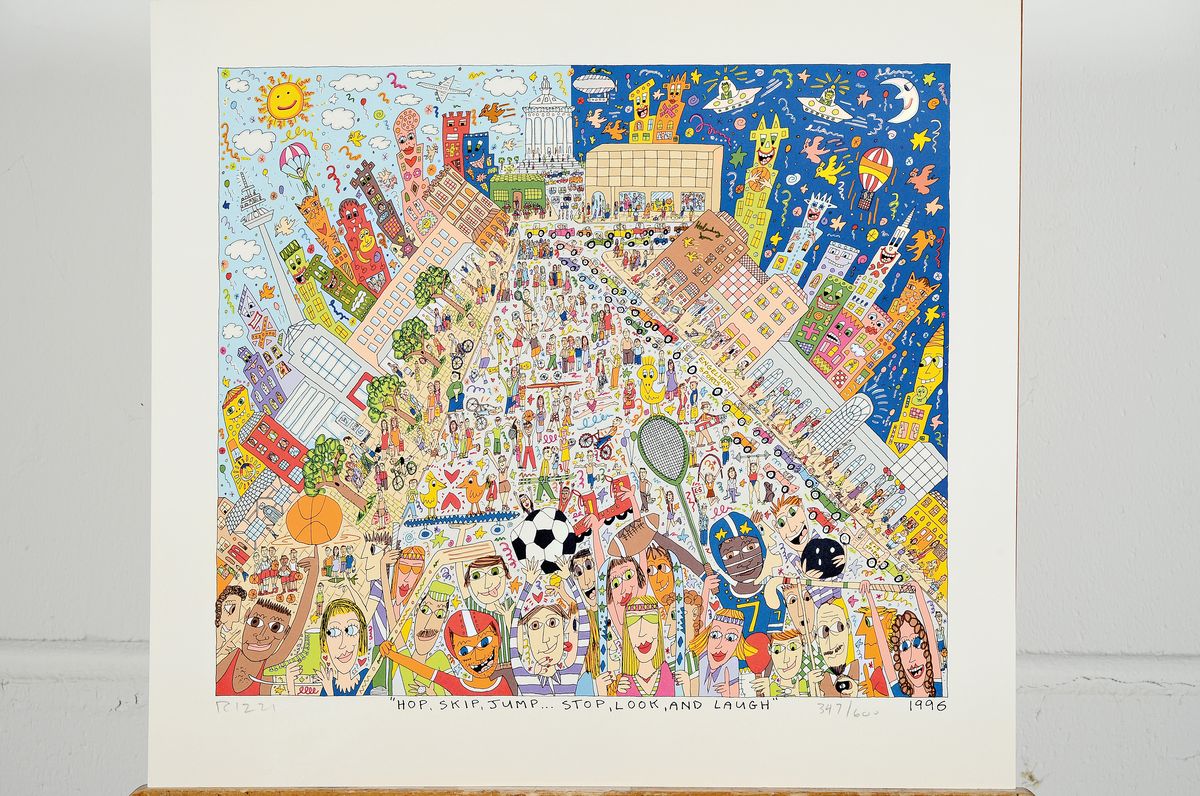 Detail k: James Rizzi, 1950 - 2011, "Hop, Skip, Jump...Stop, Look, and Laugh", num. 347/600, Litho von 1996, handsigniert, ca. 43 x 47 cm