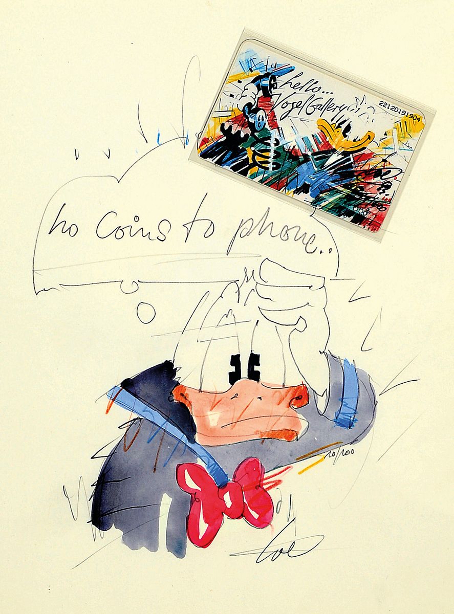 Wolfgang Loesche, geb. 1947, Aquarell und Telefonkarte, "Ho Coins to Phone", handsigniert, num. 10/100, ca. 26.5 x 20 cm, unter Glas, Rahmen
