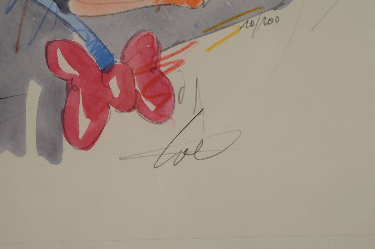 Detail a: Wolfgang Loesche, geb. 1947, Aquarell und Telefonkarte, "Ho Coins to Phone", handsigniert, num. 10/100, ca. 26.5 x 20 cm, unter Glas, Rahmen