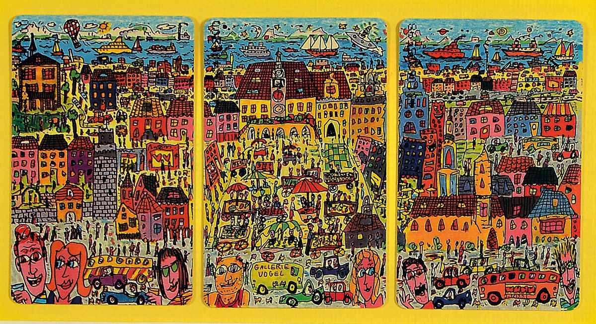 Detail a: James Rizzi, 1950 - 2021, fünf Telefonkarten, einmal num. 111/500, "Living Near The Water", handsigniert, 25.5 x 20 cm, und 3 Karten in ...