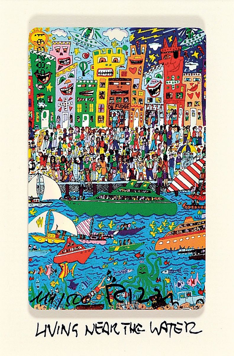 Detail b: James Rizzi, 1950 - 2021, fünf Telefonkarten, einmal num. 111/500, "Living Near The Water", handsigniert, 25.5 x 20 cm, und 3 Karten in ...