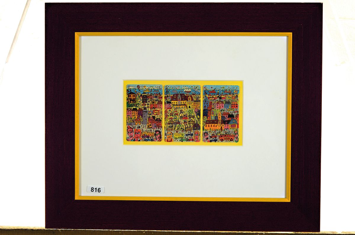 Detail l: James Rizzi, 1950 - 2021, fünf Telefonkarten, einmal num. 111/500, "Living Near The Water", handsigniert, 25.5 x 20 cm, und 3 Karten in ...