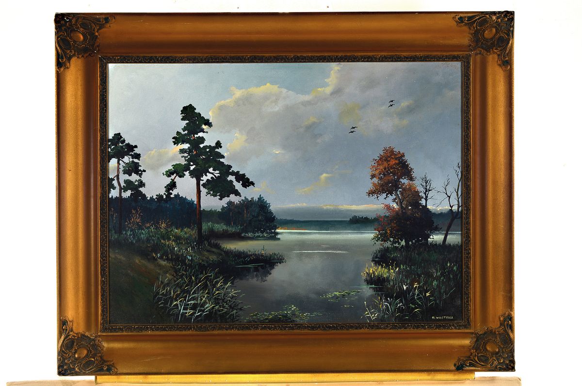 Detail k: Ryszard Wojtyna, Landschaftsgemälde, Seelandschaft in der blauen Stunde, Öl/Lwd, signiert, rückseitig bez. und dat. 1988, 55 x 75 cm, Prunkrahmen