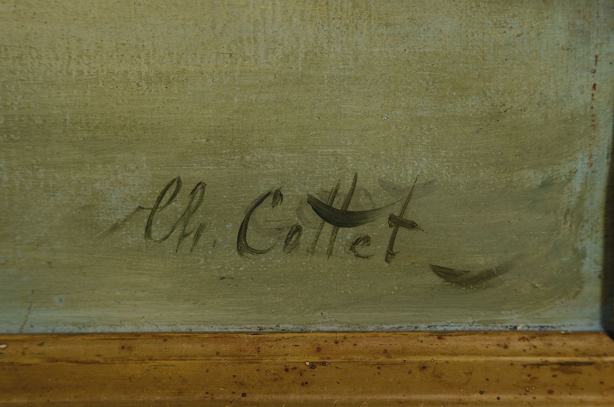 Detail a: Charles Cottet, 1863 - 1925, Anlegestelle am Fluß mit Blick auf, die Stadt, Öl/Lwd, re. u. signiert, ca. 65 x 80 cm, Prunkrahmen 90 x 105 cm, l. ...