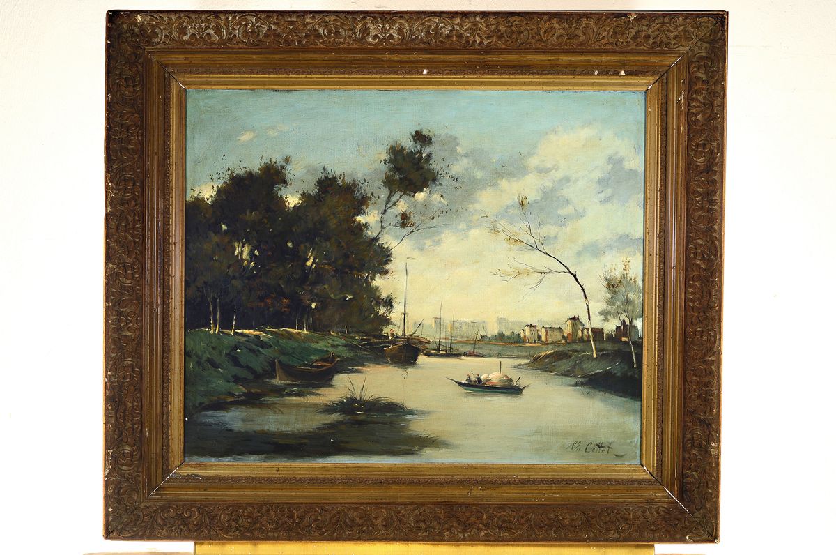 Detail k: Charles Cottet, 1863 - 1925, Anlegestelle am Fluß mit Blick auf, die Stadt, Öl/Lwd, re. u. signiert, ca. 65 x 80 cm, Prunkrahmen 90 x 105 cm, l. ...