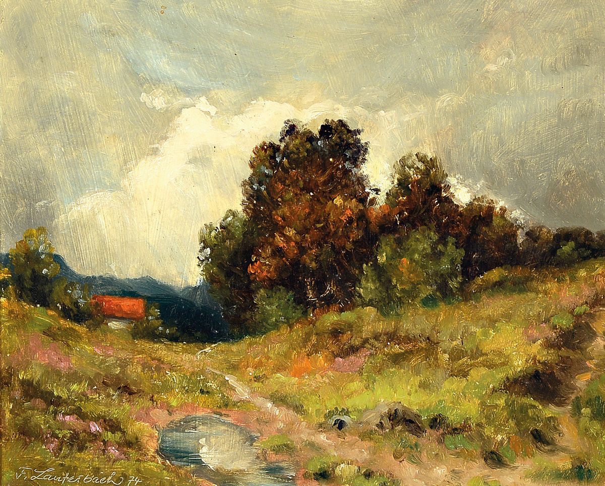 Franz Lauterbach, Mitte 19. Jh., Allgäuer Landschaft, impressionistische Malweise, li. u. signiert, dat. 74, 24 x 30 cm, Prunkrahmen