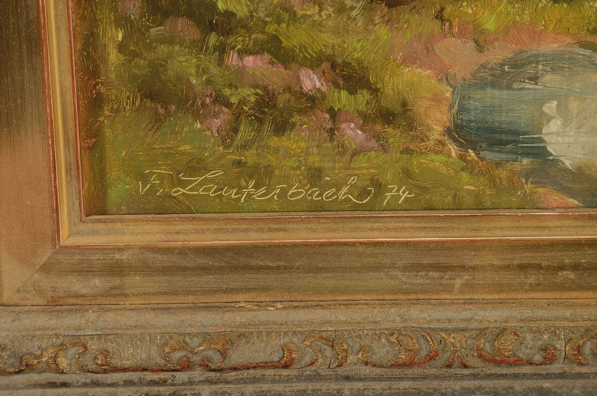 Detail a: Franz Lauterbach, Mitte 19. Jh., Allgäuer Landschaft, impressionistische Malweise, li. u. signiert, dat. 74, 24 x 30 cm, Prunkrahmen