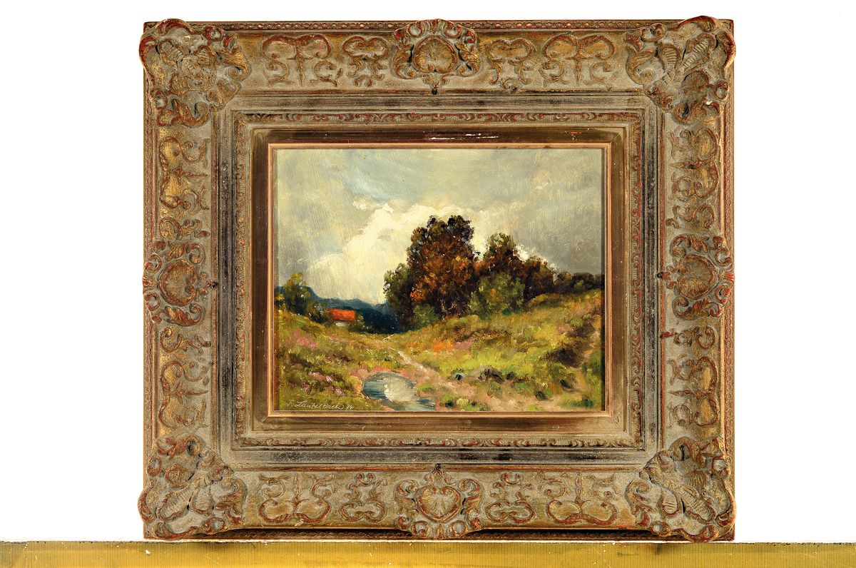 Detail k: Franz Lauterbach, Mitte 19. Jh., Allgäuer Landschaft, impressionistische Malweise, li. u. signiert, dat. 74, 24 x 30 cm, Prunkrahmen