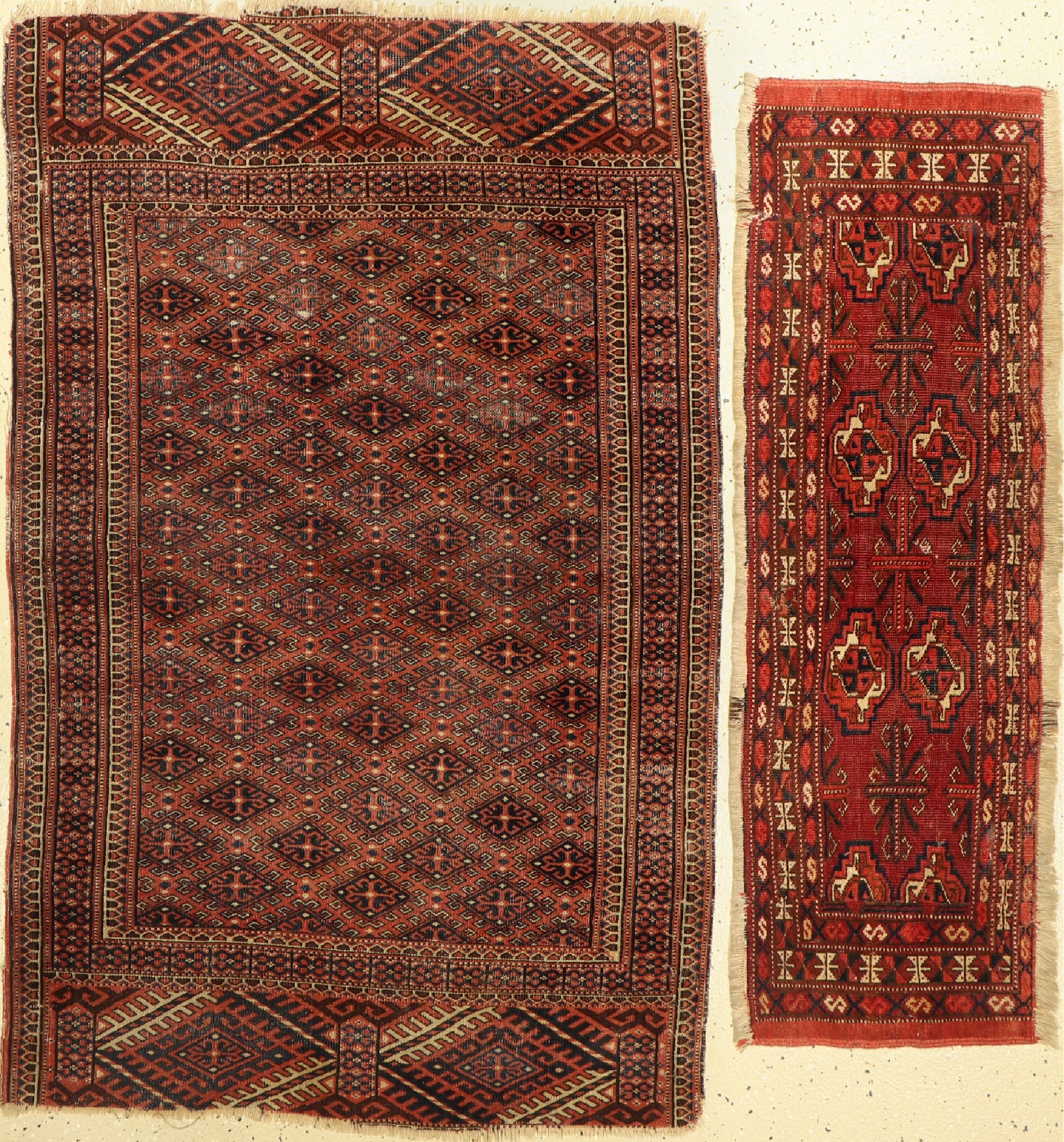2 Lots(Torba,Herdteppich), Turkmenistan, 19.Jhd, Wolle auf Wolle, ca. 146 x 94 cm, Alters-und Gebrauchsspuren