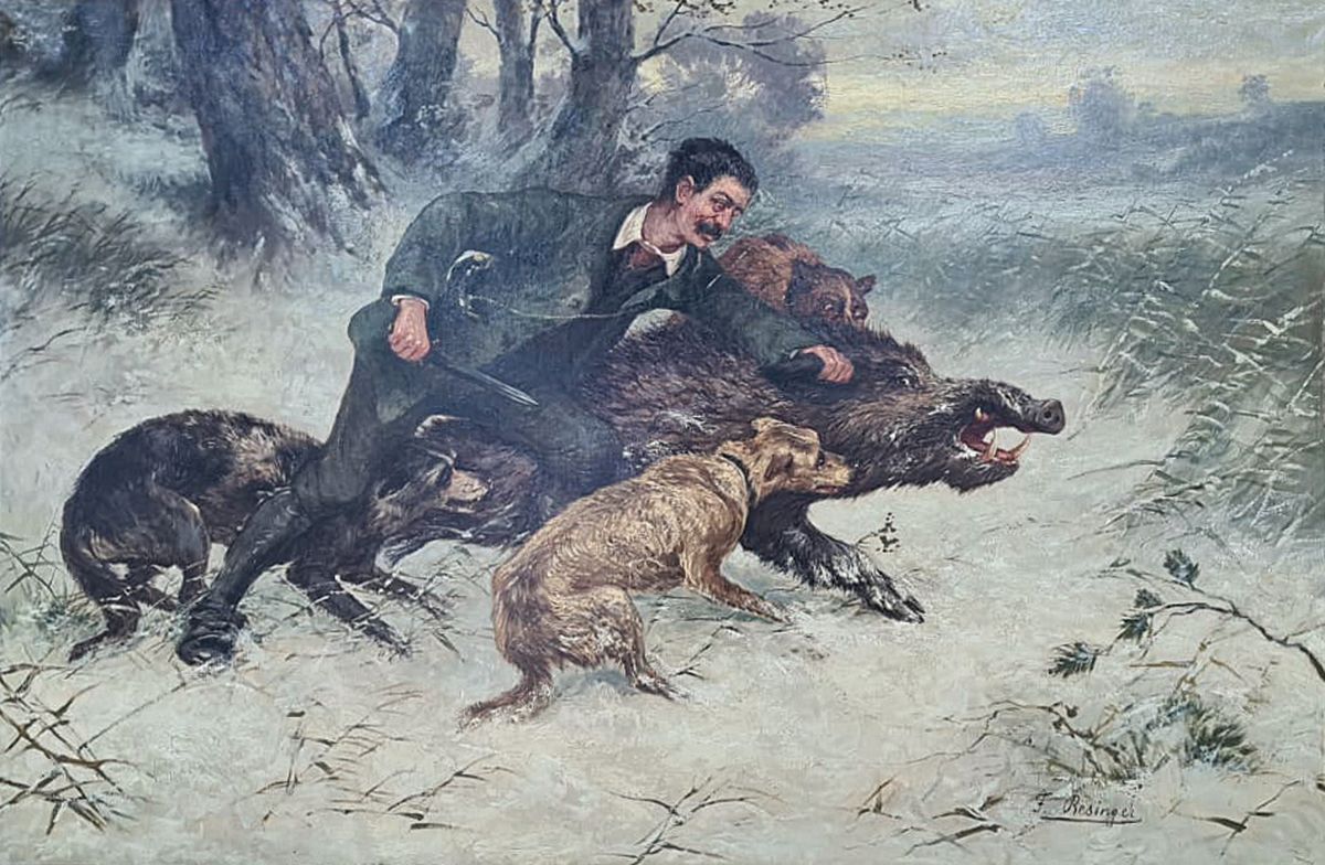 F. Resinger, Düsseldorfer Maler der 2. Hälfte des 19. Jh., Dramatische Darstellung einer Wildschweinjagd im verschneiten Wald, Öl/Lwd, rechts ...