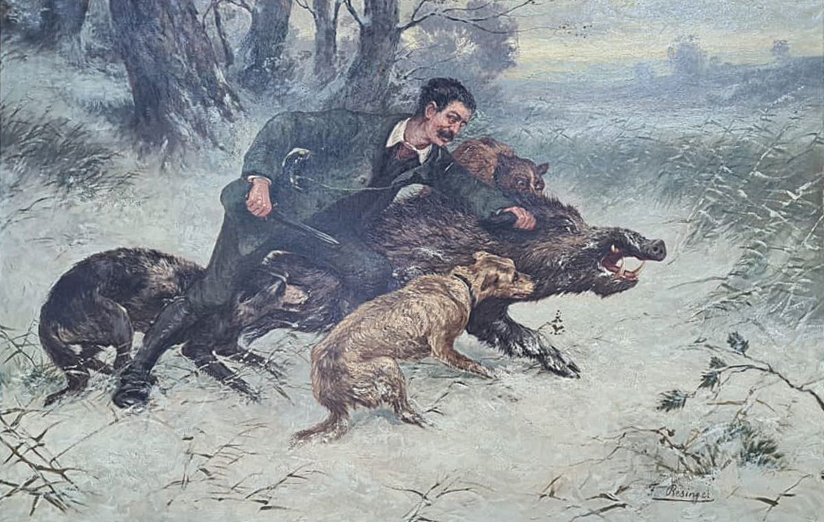 Detail a: F. Resinger, Düsseldorfer Maler der 2. Hälfte des 19. Jh., Dramatische Darstellung einer Wildschweinjagd im verschneiten Wald, Öl/Lwd, rechts ...
