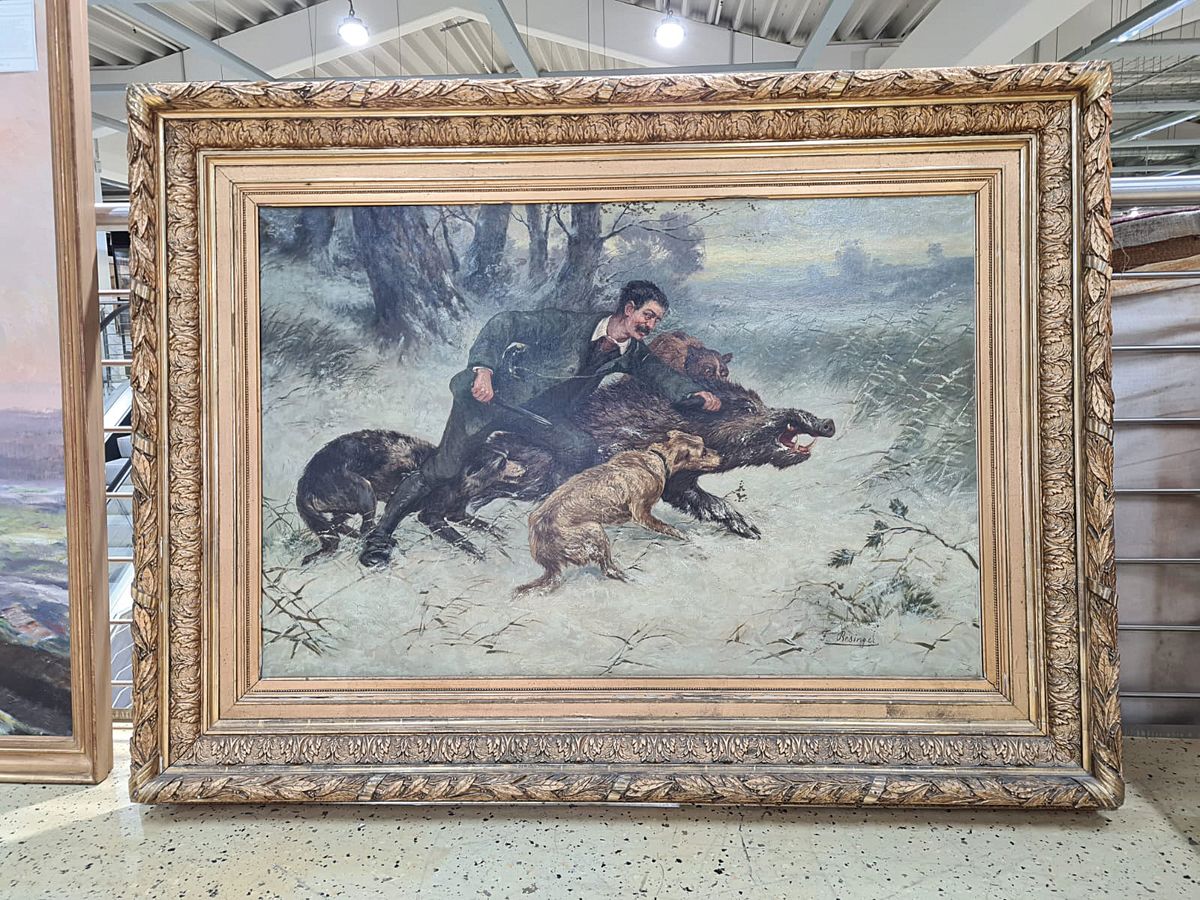 Detail k: F. Resinger, Düsseldorfer Maler der 2. Hälfte des 19. Jh., Dramatische Darstellung einer Wildschweinjagd im verschneiten Wald, Öl/Lwd, rechts ...