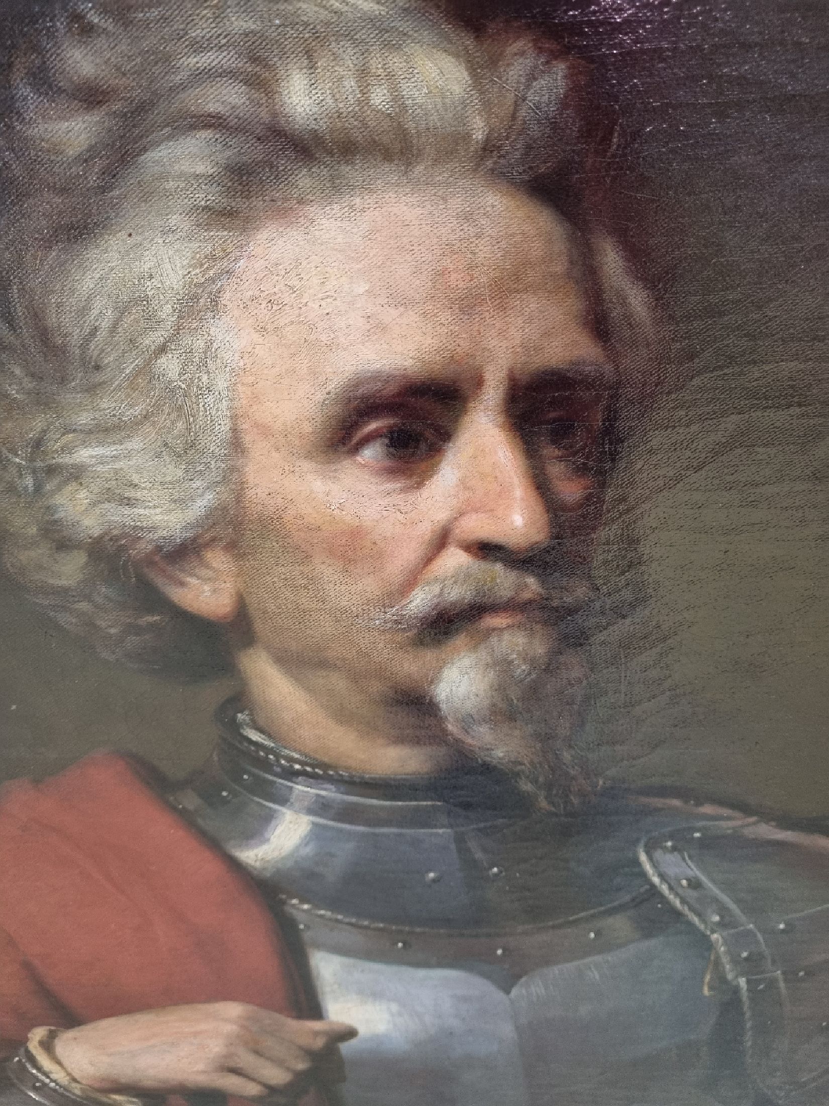 Detail b: Unbekannter Künstler des 19. Jh., Porträt eines Ritters in Rüstung im Halbprofil, feine lasierende Malerei, gelungenes Inkarnat, Öl/Lwd, ca. ...