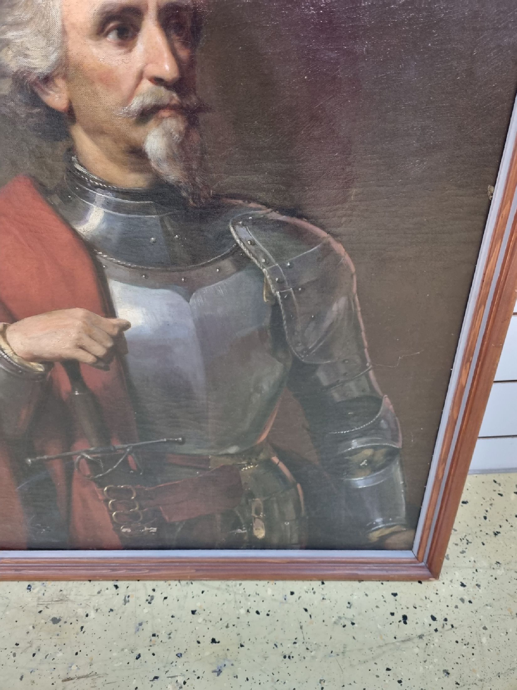 Detail d: Unbekannter Künstler des 19. Jh., Porträt eines Ritters in Rüstung im Halbprofil, feine lasierende Malerei, gelungenes Inkarnat, Öl/Lwd, ca. ...