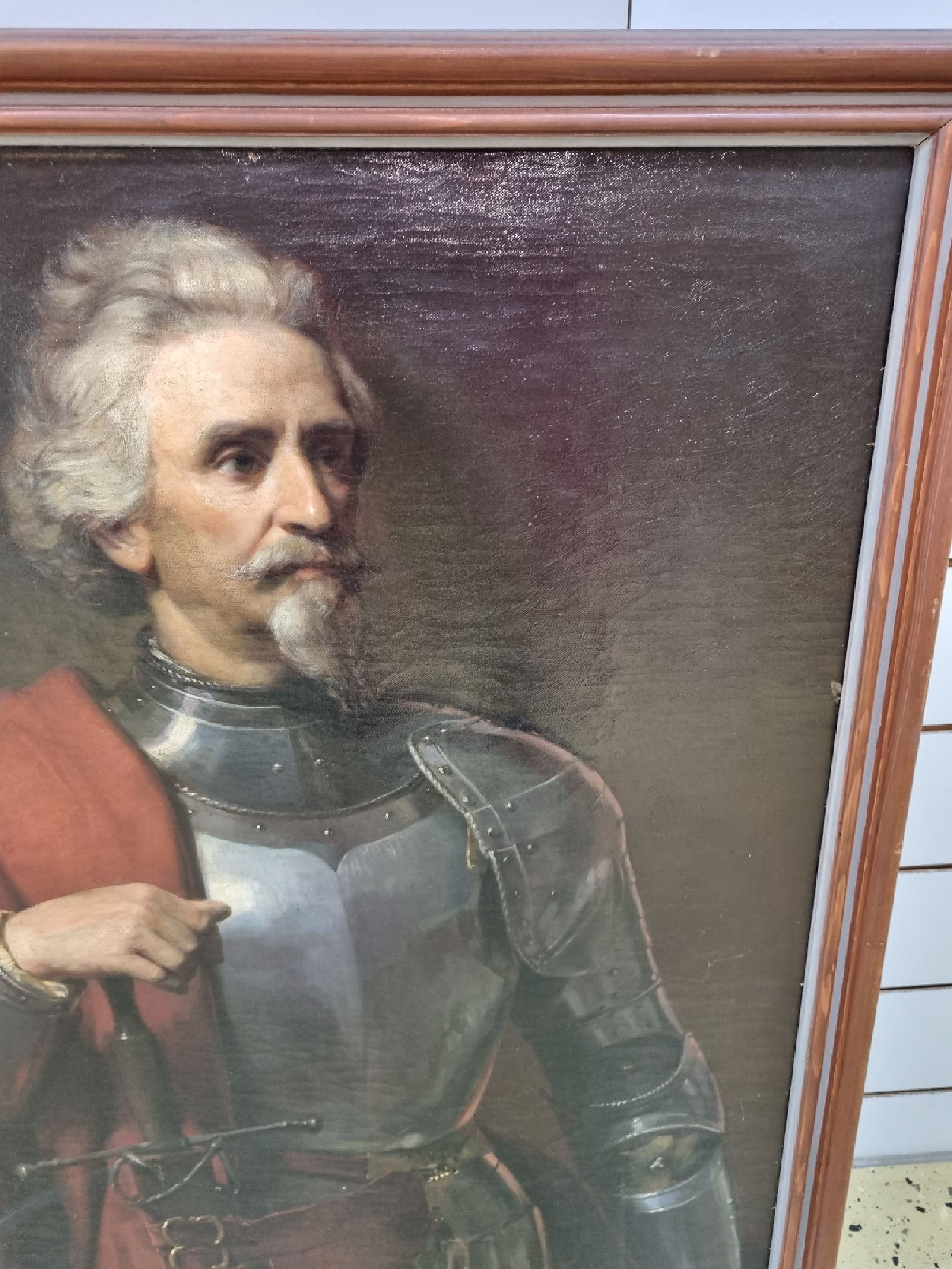 Detail e: Unbekannter Künstler des 19. Jh., Porträt eines Ritters in Rüstung im Halbprofil, feine lasierende Malerei, gelungenes Inkarnat, Öl/Lwd, ca. ...