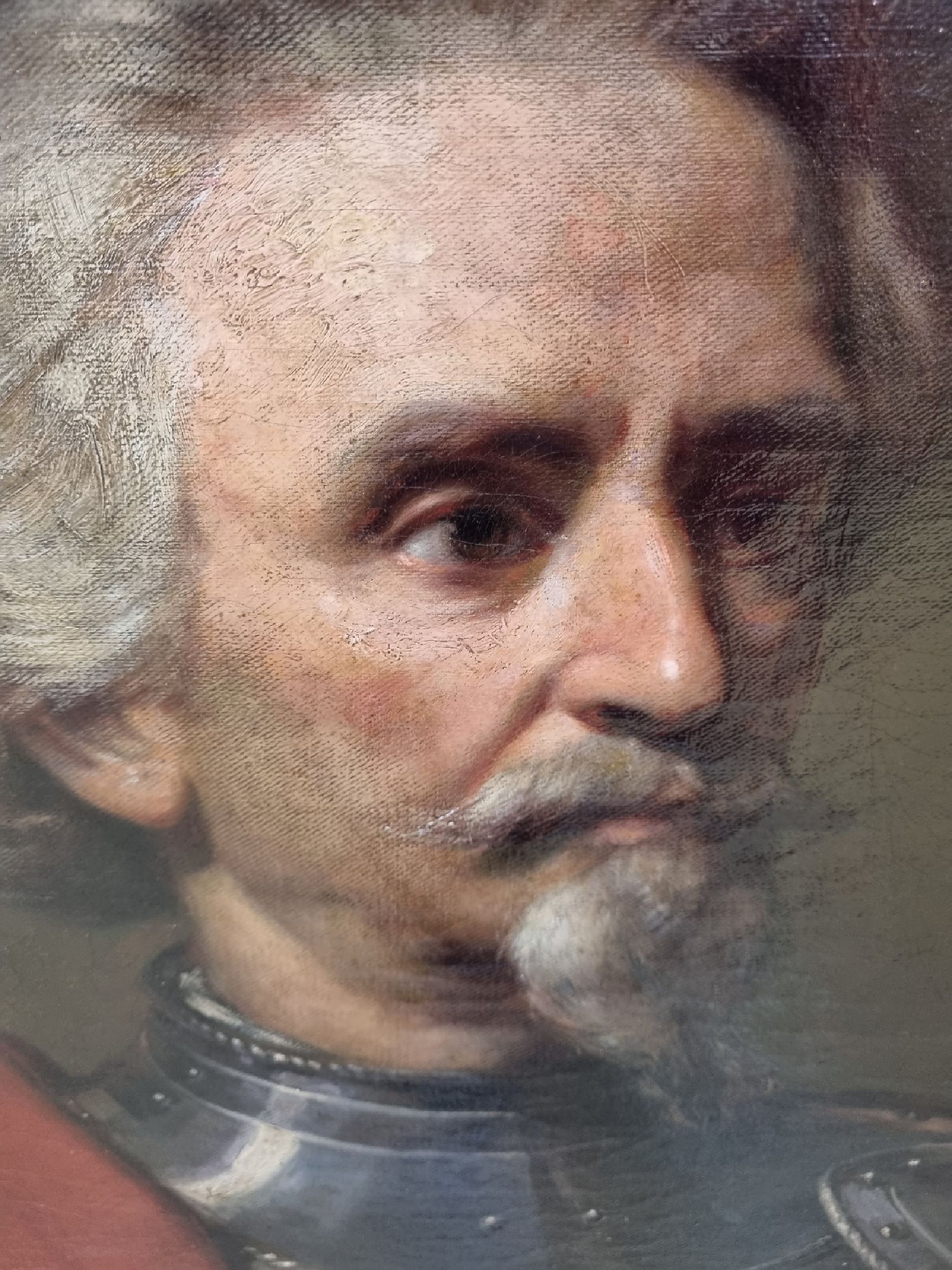 Detail f: Unbekannter Künstler des 19. Jh., Porträt eines Ritters in Rüstung im Halbprofil, feine lasierende Malerei, gelungenes Inkarnat, Öl/Lwd, ca. ...