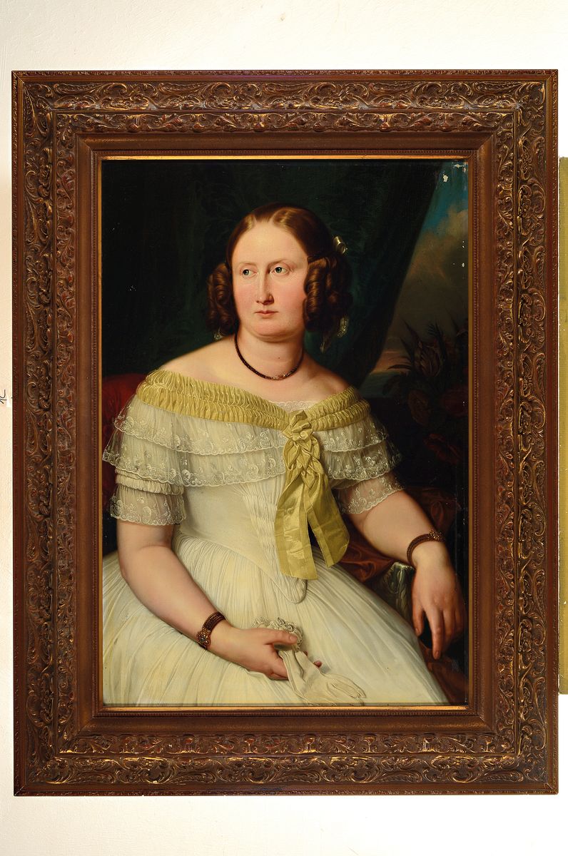 Detail k: Zuschreibung: Johann Jakob Kirchhoff, 1796 Berlin-1848 Leipzig, Porträt einer Dame, möglicherweise die Opernsängerin Johanna Eunicke, Öl/Lwd, ...