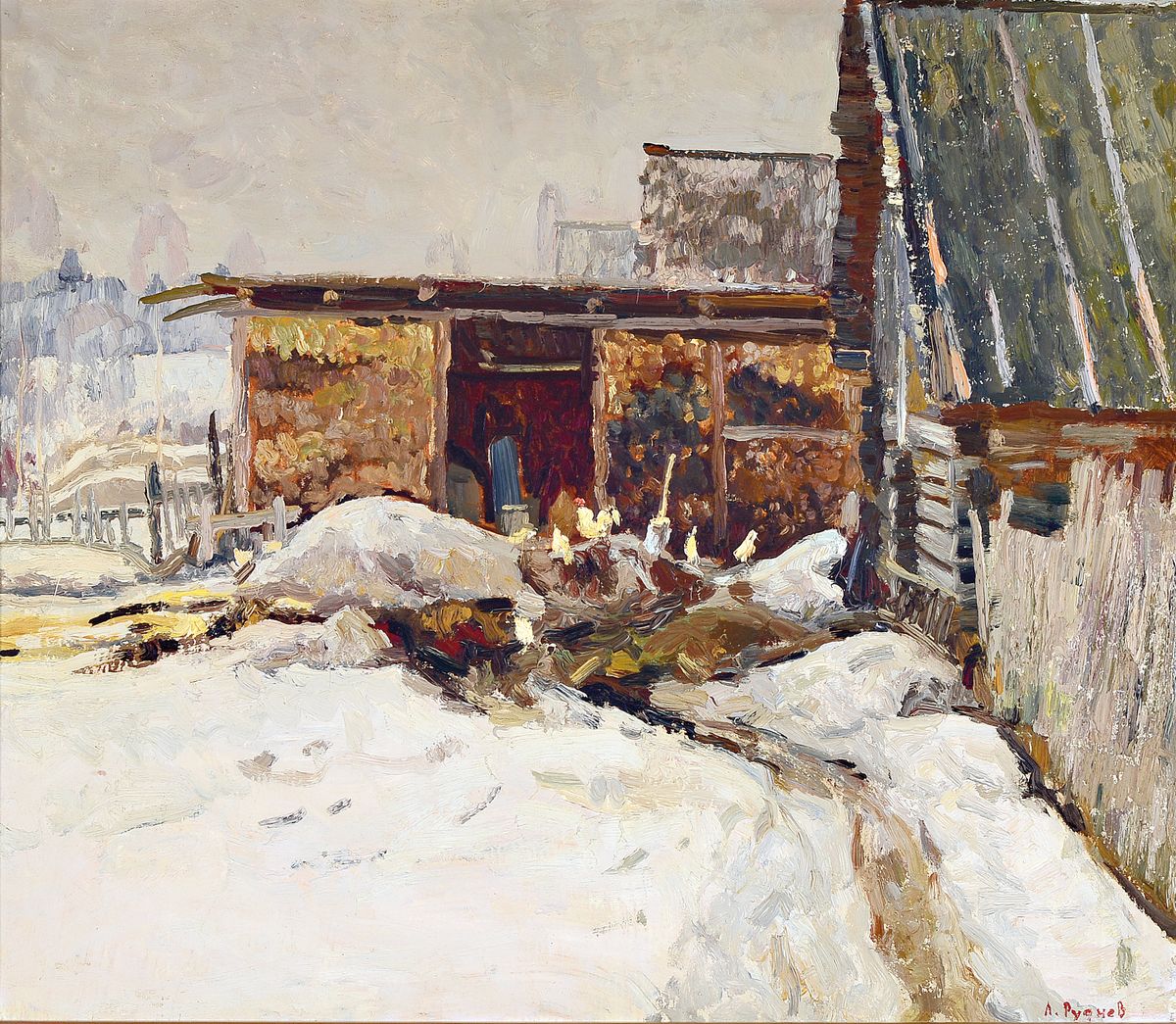 Leonid Iwanowitsch Rudnev, Kursk, geb. 1938, Gehöft mit Misthaufen und Geflügel im Schnee, Öl/Malplatte, re. unten signiert, ca. 59x67 cm, mit ...