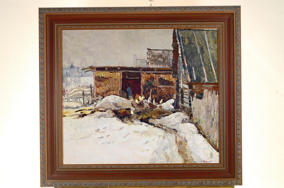 Detail k: Leonid Iwanowitsch Rudnev, Kursk, geb. 1938, Gehöft mit Misthaufen und Geflügel im Schnee, Öl/Malplatte, re. unten signiert, ca. 59x67 cm, mit ...