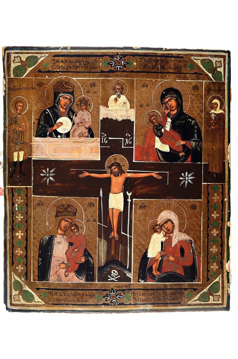 Vierfelderikone, Nordrussland, um 1900, Gottesmutter Lindere meinen Kummer, zwei Randheilige (Hl. Georg, Hl. Tatjana), Tempera auf Holz, kleinere ...
