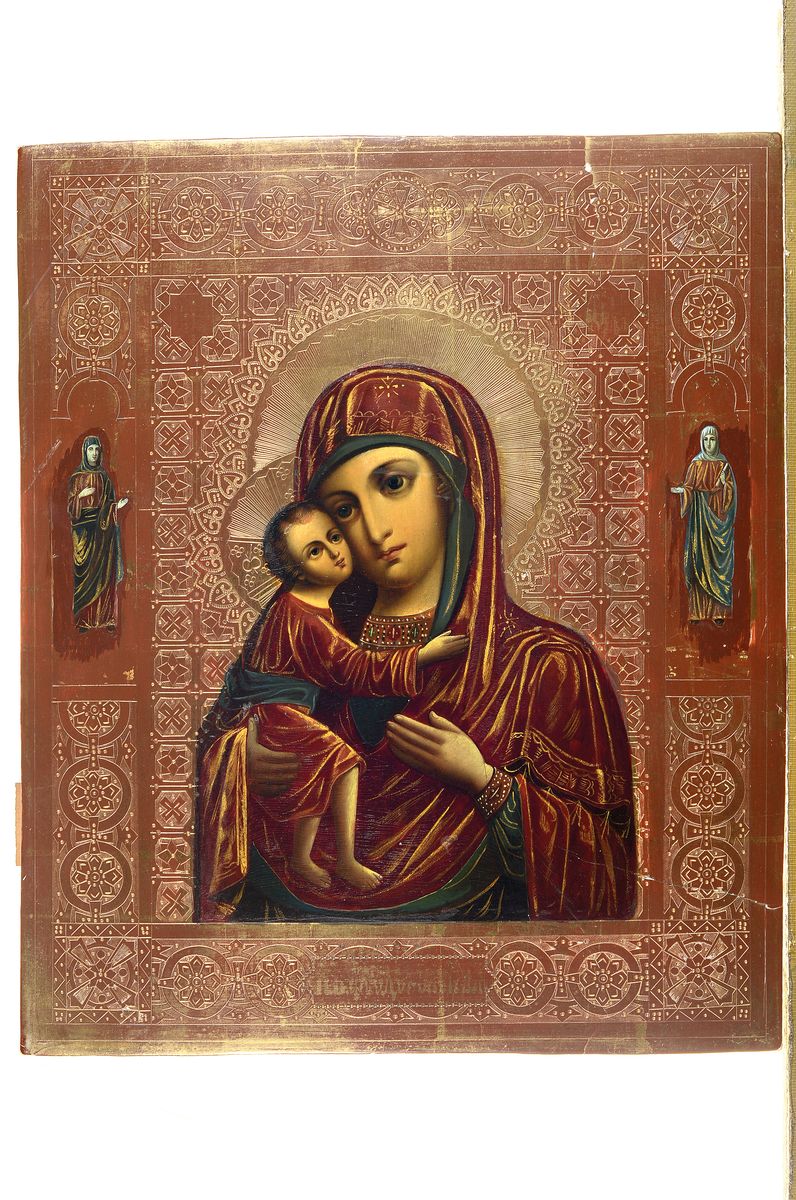 Detail k: Ikone, Russland, um 1880-90, Gottesmutter Feodorowska, Tempera auf Holz, dunkelrot-goldgrundig, zwei Randheilige, ca. 40x33.5cm
