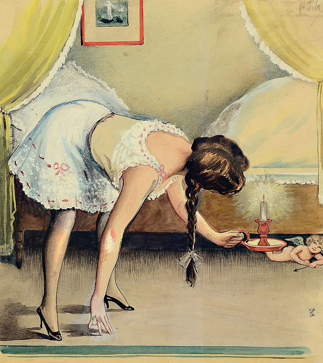 Ungedeuteter Künstler, frühes 20.Jh., Aquarell , intime Szene: junge Frau im Schlafrock dem versteckten Cupido unter dem Bett nachspürend,rechts ...