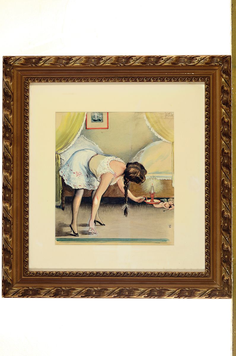Detail k: Ungedeuteter Künstler, frühes 20.Jh., Aquarell , intime Szene: junge Frau im Schlafrock dem versteckten Cupido unter dem Bett nachspürend,rechts ...
