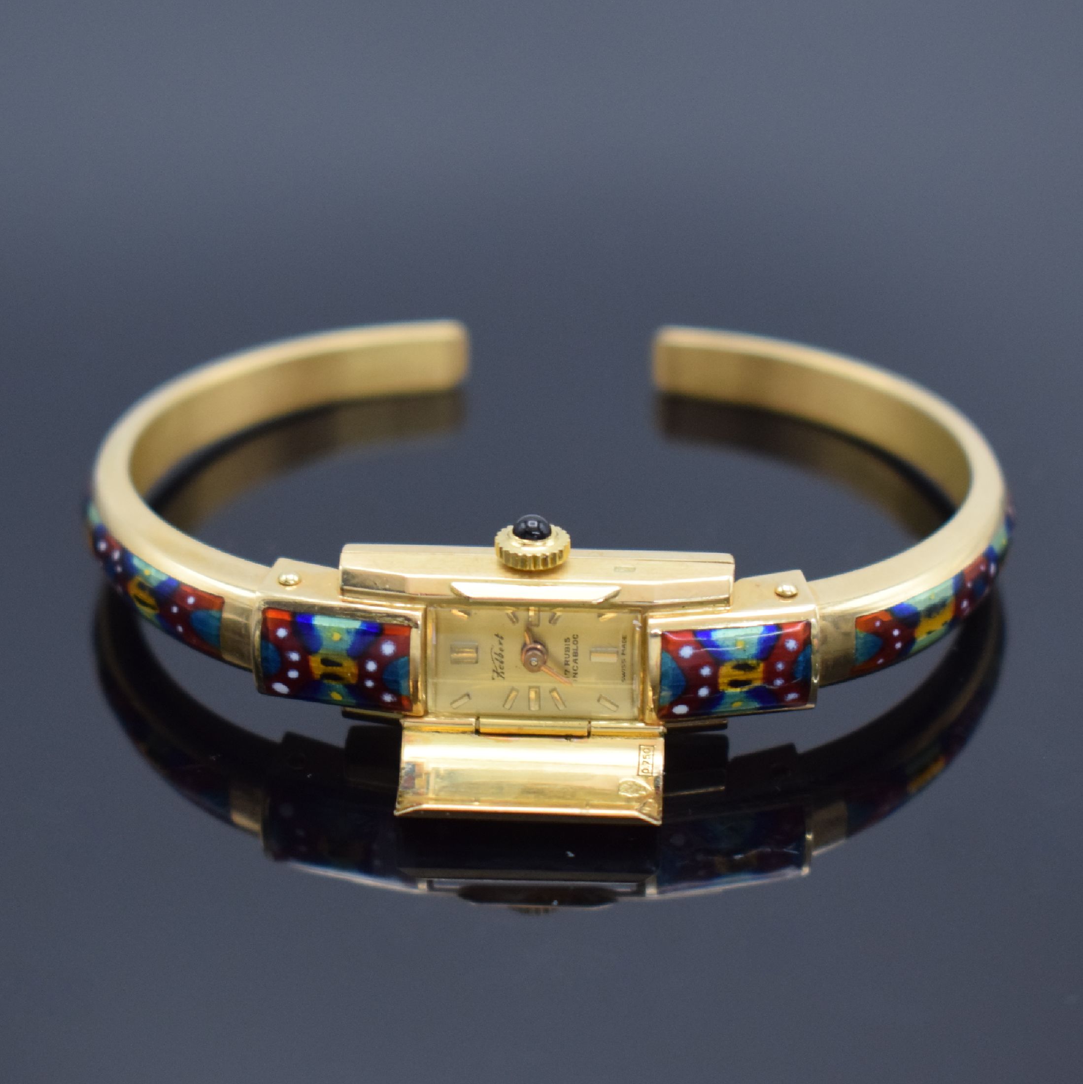 KELBERT seltene emaillierte Spangenuhr in GG 750/000, Handaufzug, Schweiz um 1965, Boden aufgedr., mehrfarbig transluzid emaill. Geh. & Spange, gold. ...
