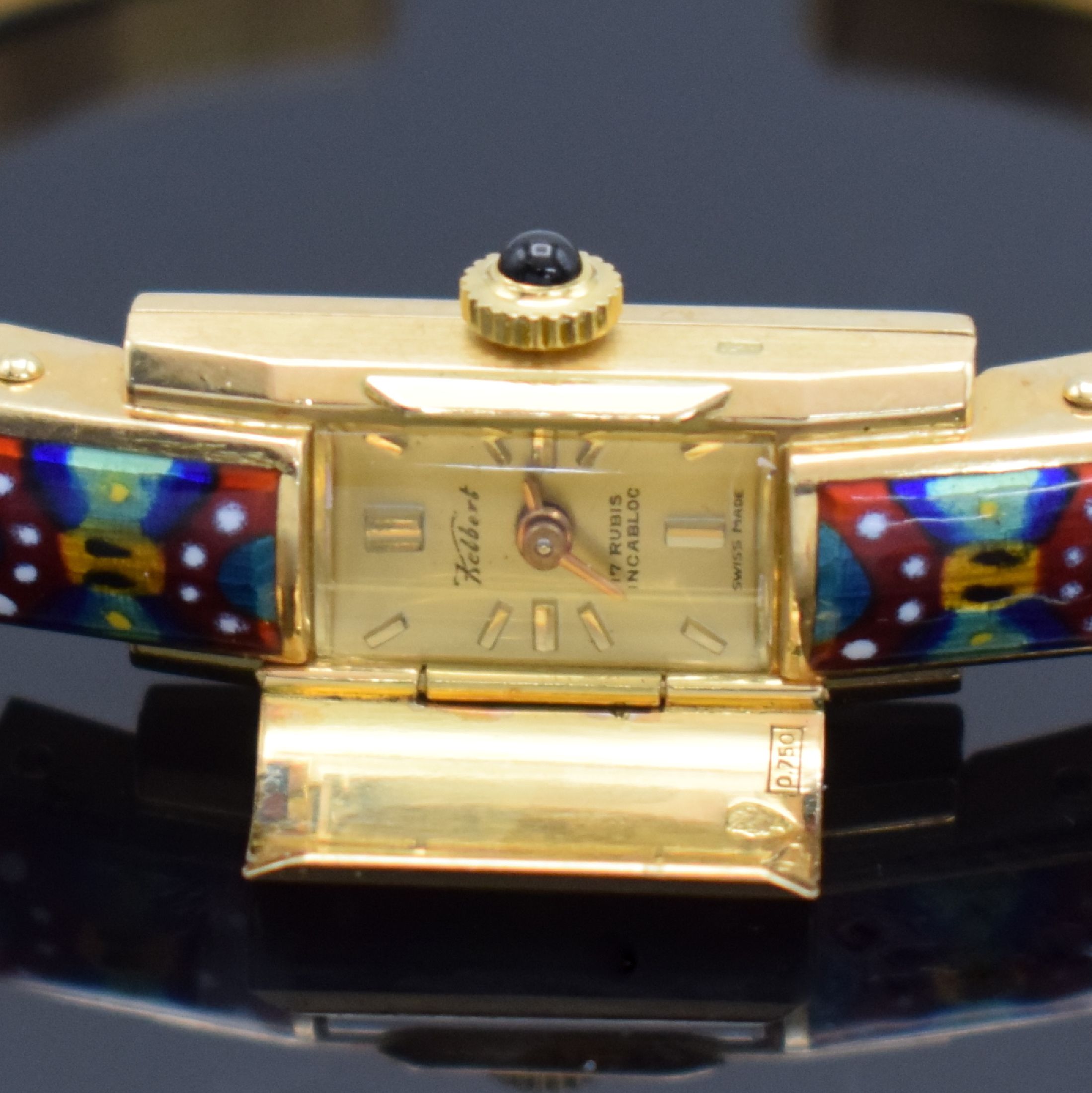 Detail a: KELBERT seltene emaillierte Spangenuhr in GG 750/000, Handaufzug, Schweiz um 1965, Boden aufgedr., mehrfarbig transluzid emaill. Geh. & Spange, gold. ...