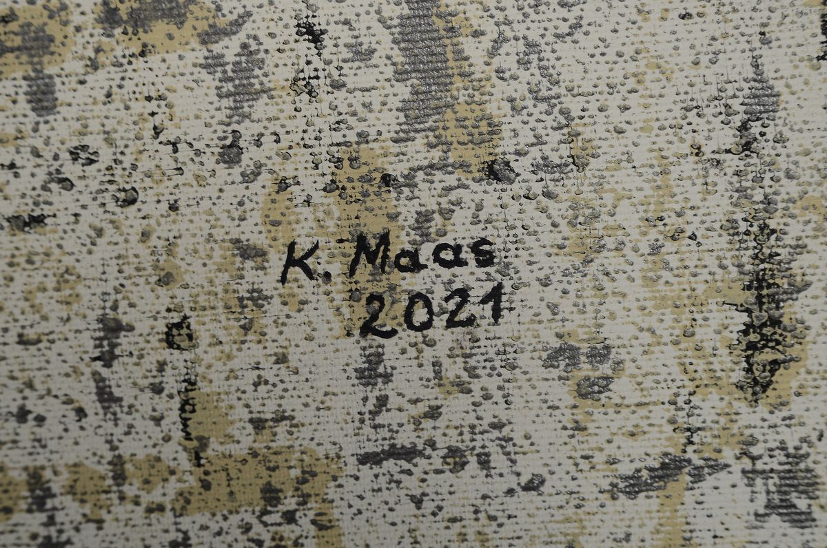 Detail a: Karin Maas, geb. 1952, Messen und Ausstellungen im In-und Ausland, Titel: Formen in Grau, abstrakte Komposition, Acyrl/Lwd, re. unten sign., dat., R. ...