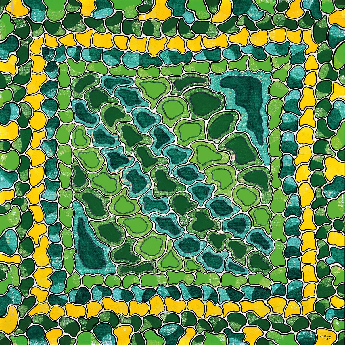 Karin Maas, geb. 1952, Messen und Ausstellungen im In- und Ausland, Titel: Dasselbe in Grün, abstrakte Komposition, Acryl/Lwd, re. unten sign., ...