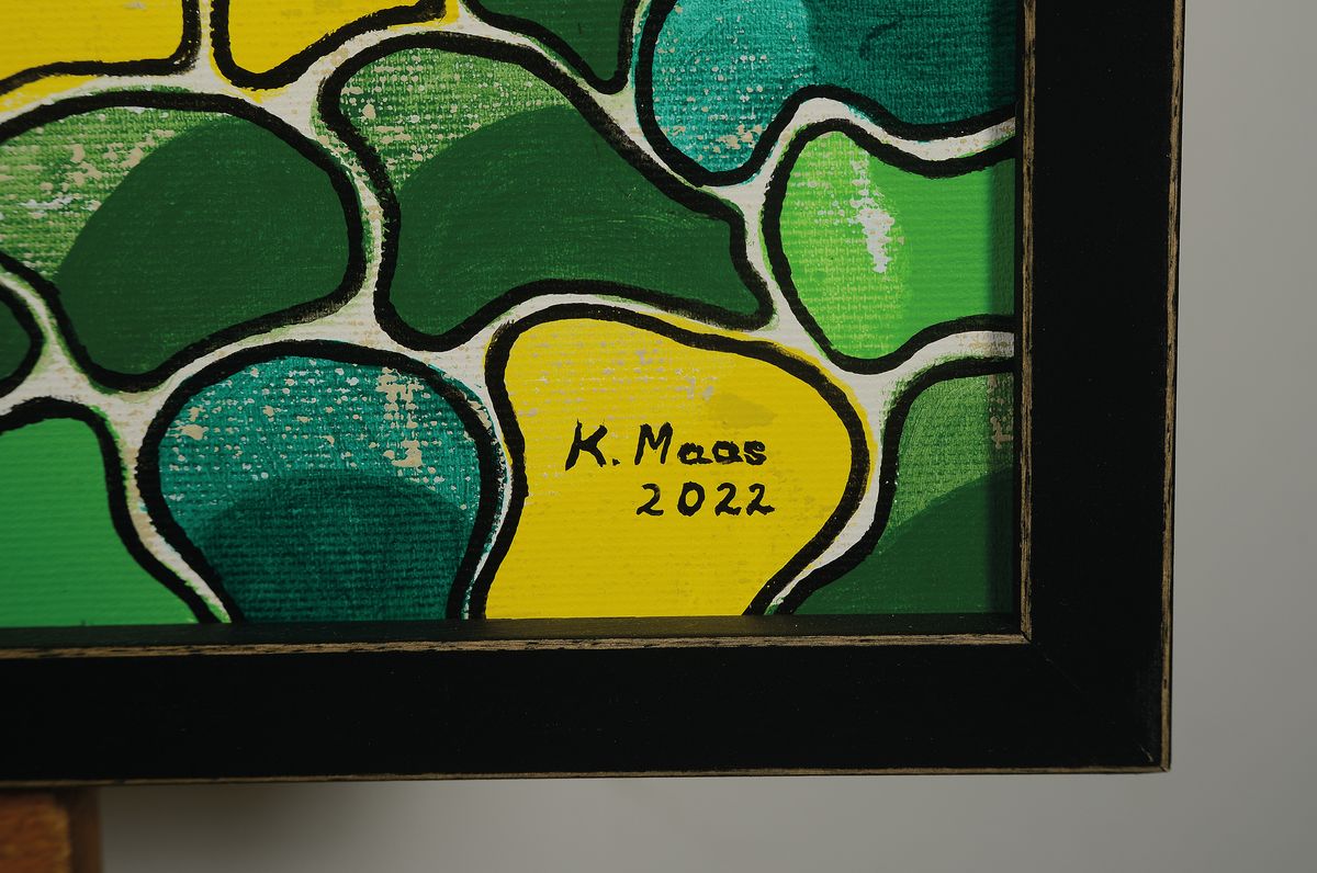 Detail a: Karin Maas, geb. 1952, Messen und Ausstellungen im In- und Ausland, Titel: Dasselbe in Grün, abstrakte Komposition, Acryl/Lwd, re. unten sign., ...