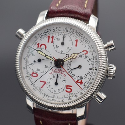 26454096a - DUBEY & SCHALDENBRAND rare Pilots chronograph model Fly-Back, Swiss, self winding, stainless steel case including leather strap with original buckle, on both sides glazed, snap on case back and bezel, enamel colored dial with red hours, display of hours, minutes, constant second, date & chronograph rattrapante, diameter approx. 38 mm, original box & papers, condition 2